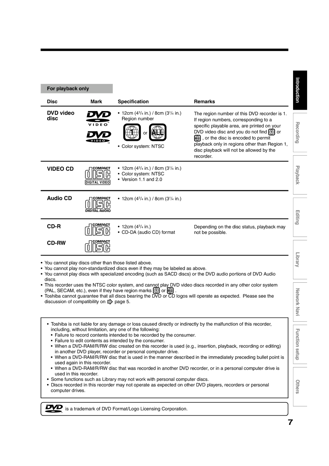 Toshiba RD-XS55KU owner manual For playback only Disc Mark Specification Remarks, 12cm 43/4 in. / 8cm 31/4, Region number 