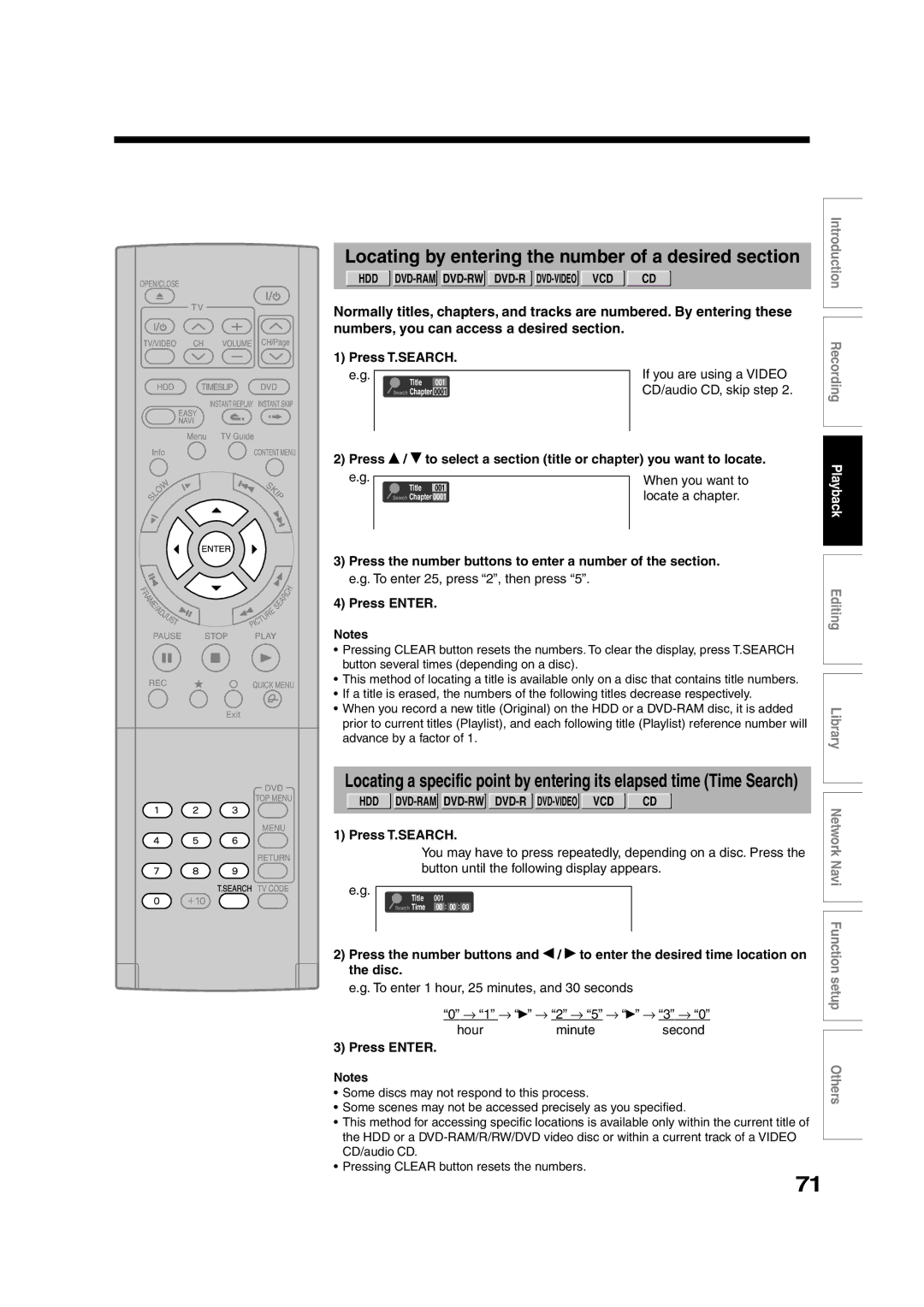 Toshiba RD-XS55KU owner manual Locating by entering the number of a desired section, Press T.SEARCH, To enter, Disc 