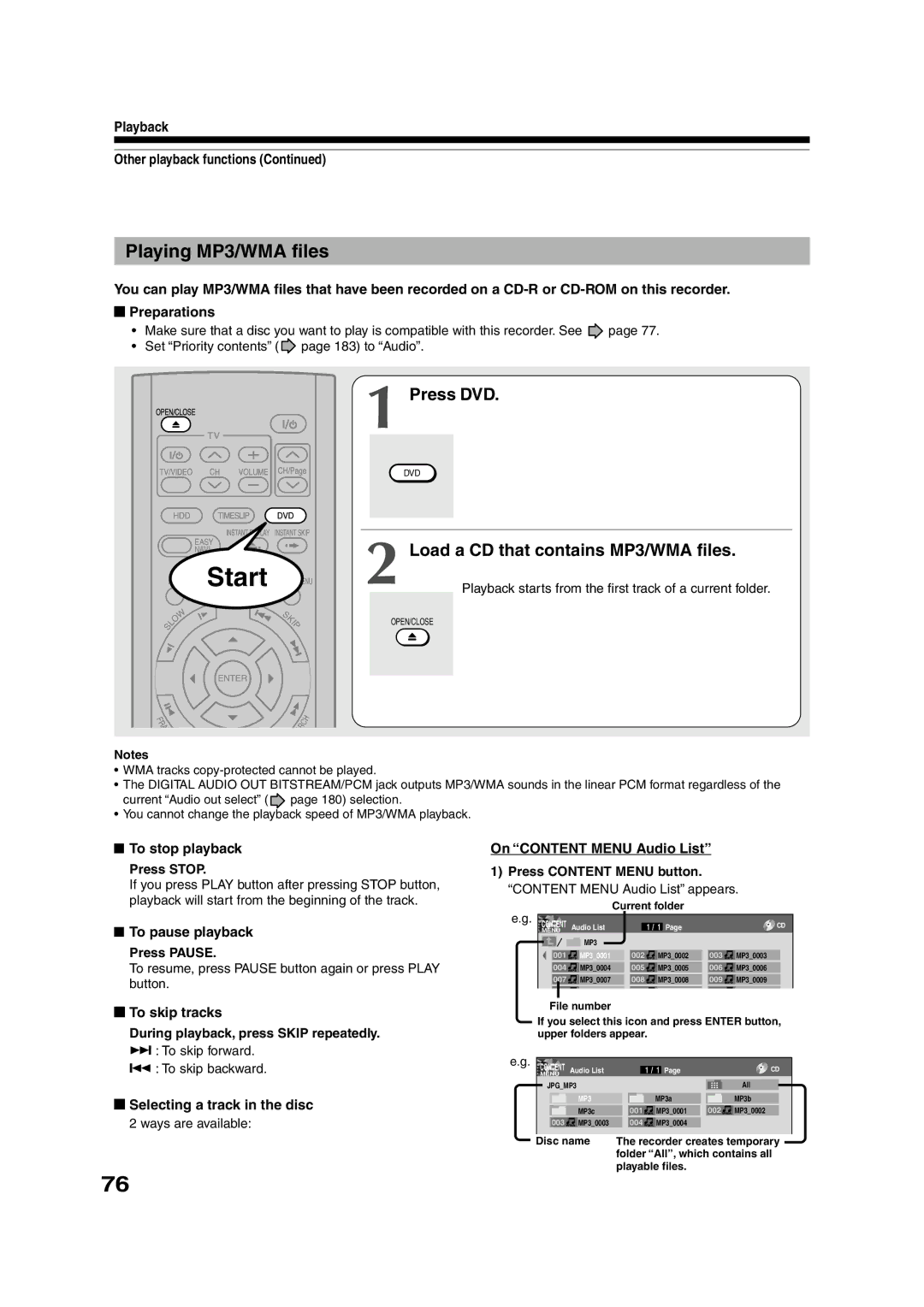 Toshiba RD-XS55KU owner manual Playing MP3/WMA files, Load a CD that contains MP3/WMA files 