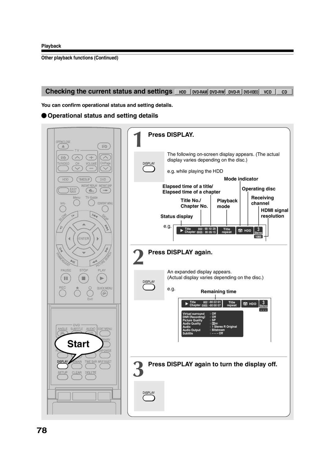 Toshiba RD-XS55KU owner manual Operational status and setting details Press Display 