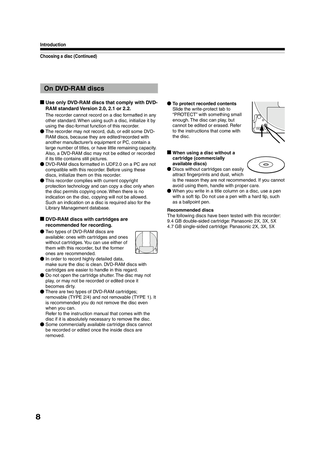 Toshiba RD-XS55KU On DVD-RAM discs, Introduction Choosing a disc, To protect recorded contents, Recommended discs 