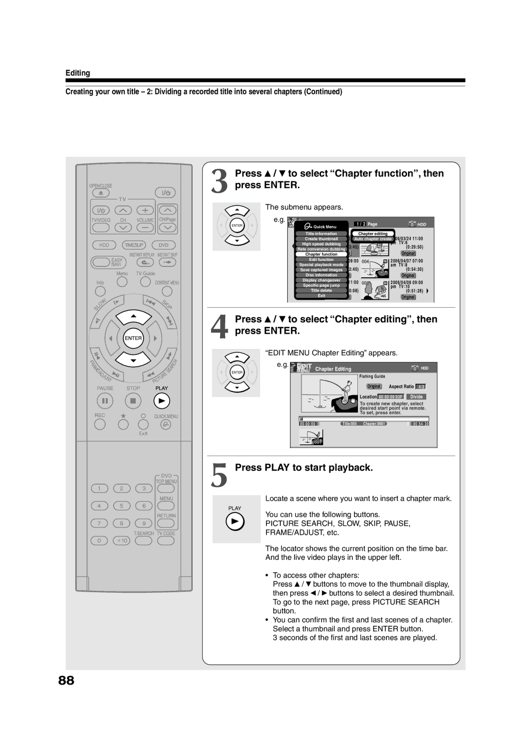 Toshiba RD-XS55KU owner manual Press / to select Chapter function, then press Enter, Press Play to start playback 