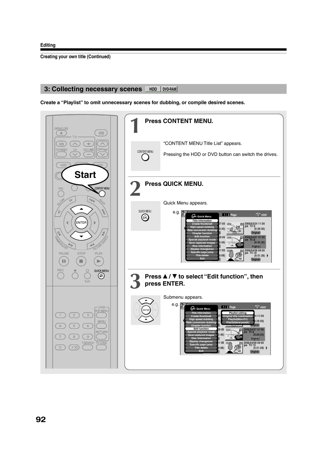 Toshiba RD-XS55KU owner manual Collecting necessary scenes HDD DVD-RAM, Press Content Menu, Submenu appears 