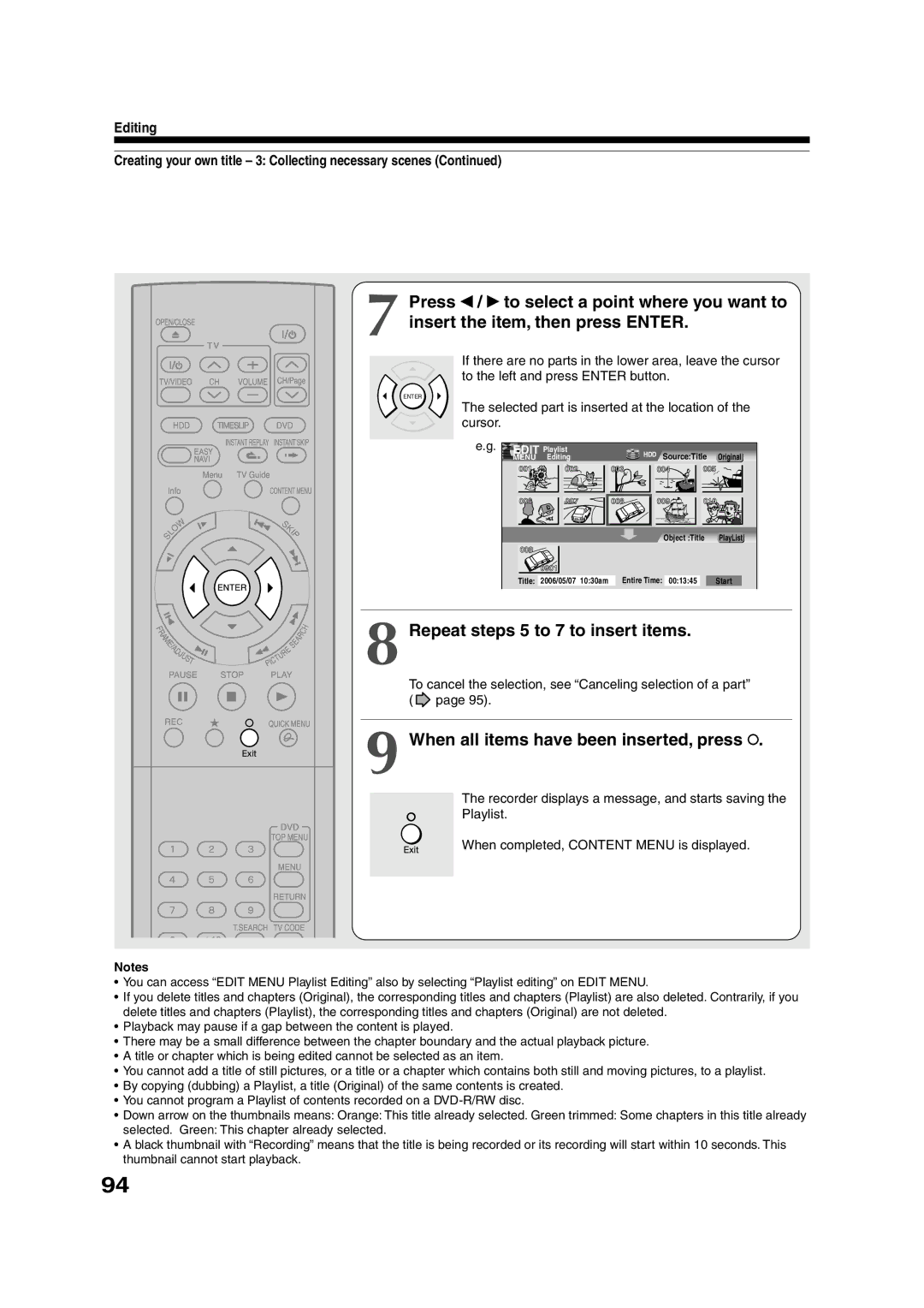 Toshiba RD-XS55KU owner manual Repeat steps 5 to 7 to insert items, When all items have been inserted, press 