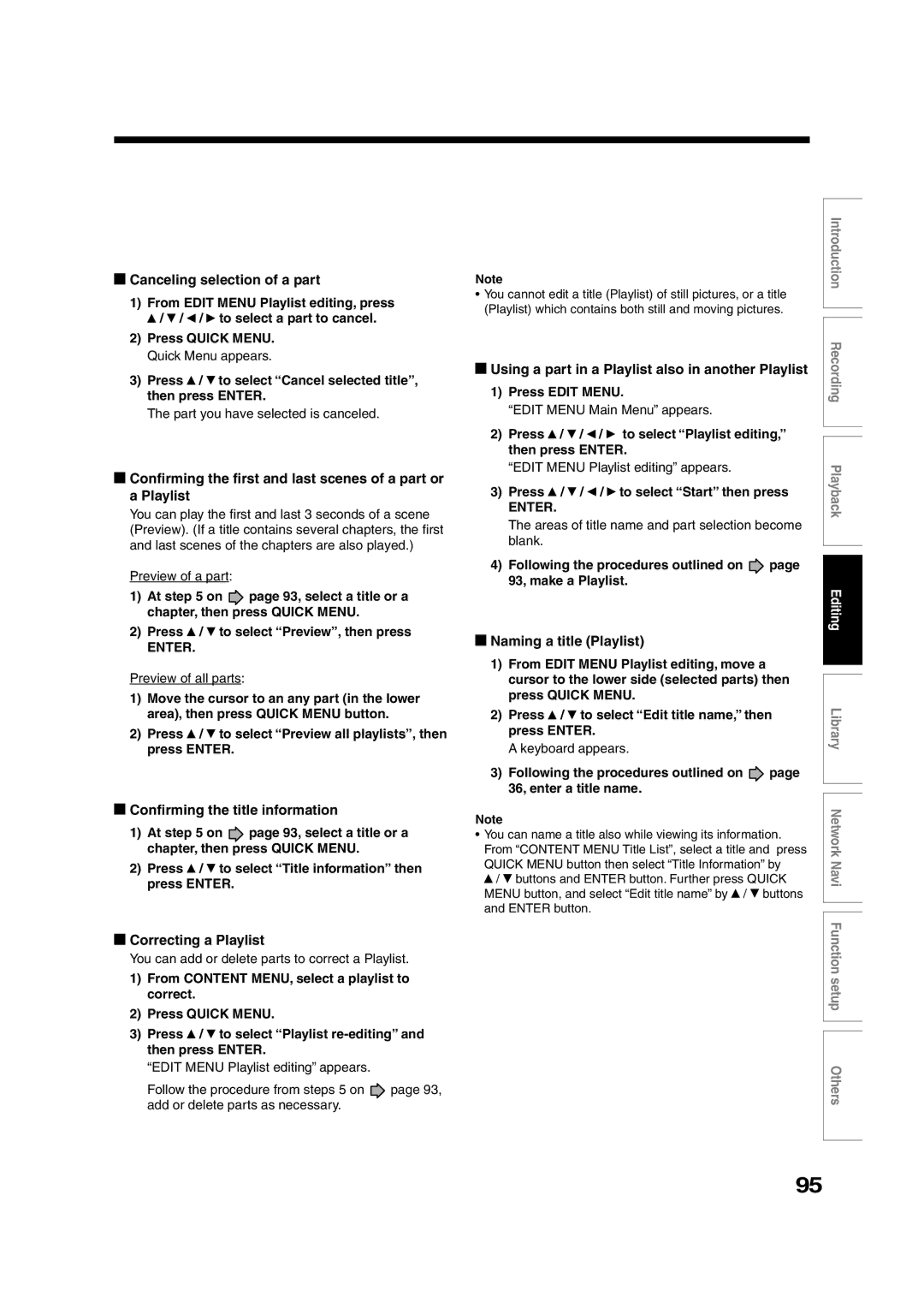 Toshiba RD-XS55KU owner manual Canceling selection of a part, Confirming the title information, Correcting a Playlist 