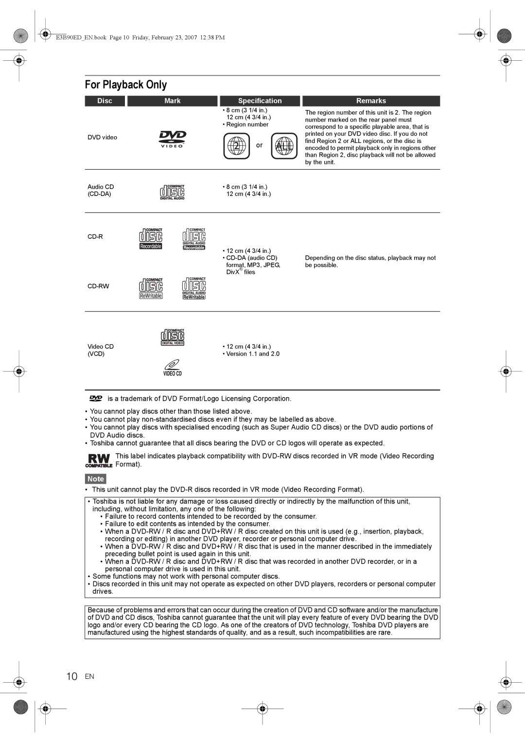 Toshiba RD-XV47KE manual For Playback Only, 10 EN, Disc Mark 