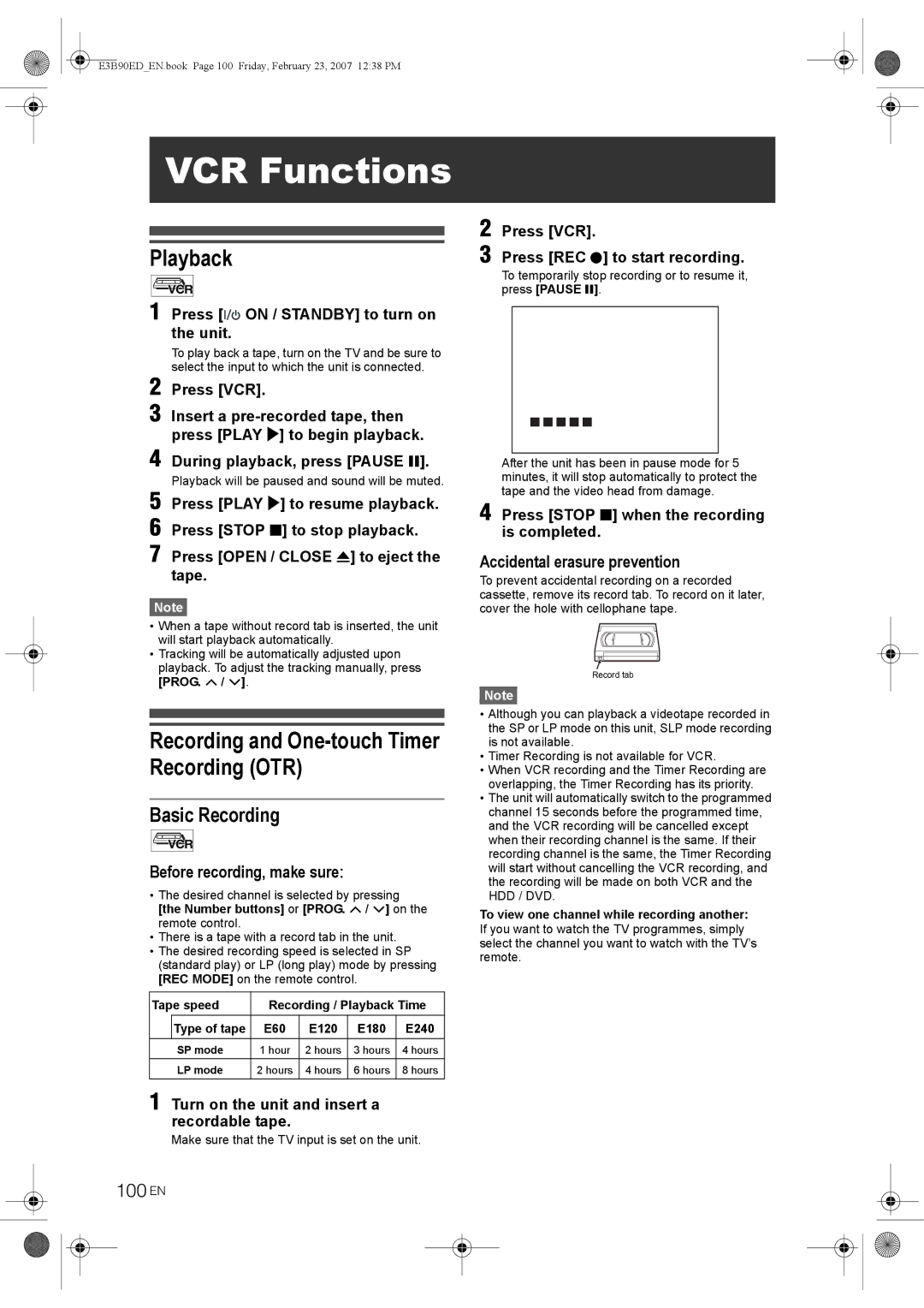 Toshiba RD-XV47KE manual 100 EN, Before recording, make sure, Accidental erasure prevention 