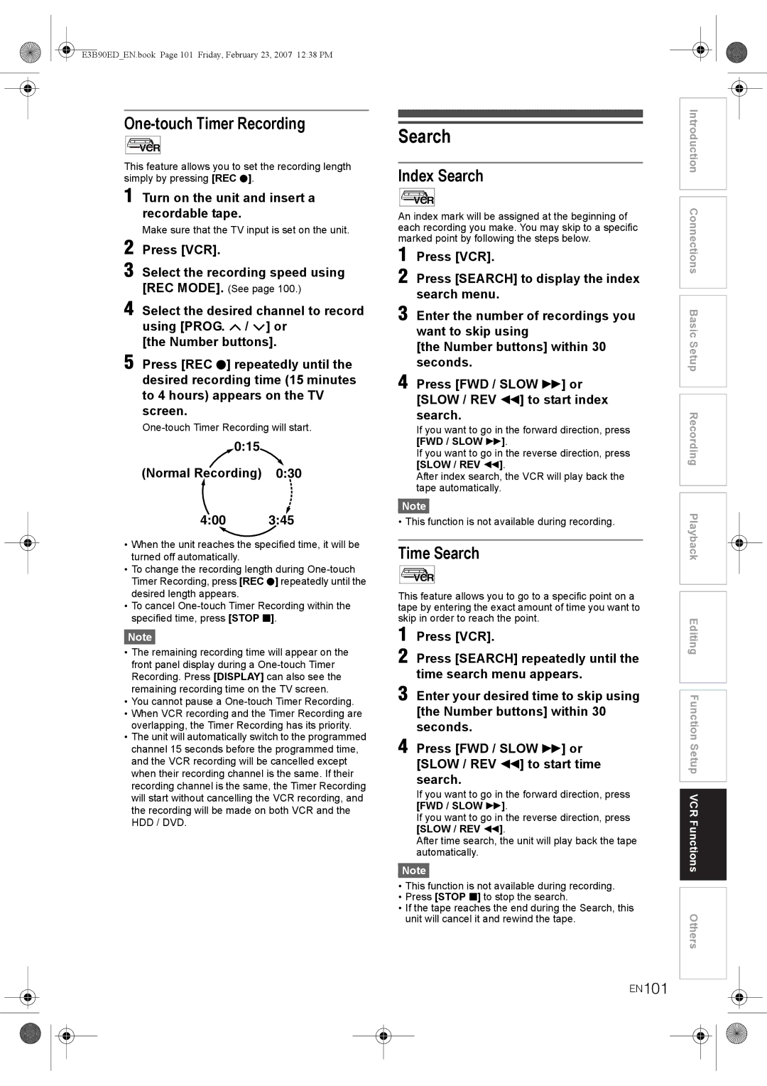 Toshiba RD-XV47KE manual One-touch Timer Recording, Index Search, Time Search, EN101, Press VCR 