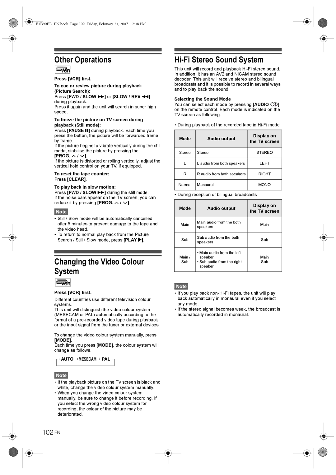 Toshiba RD-XV47KE manual Other Operations, Changing the Video Colour System, Hi-Fi Stereo Sound System, 102 EN 