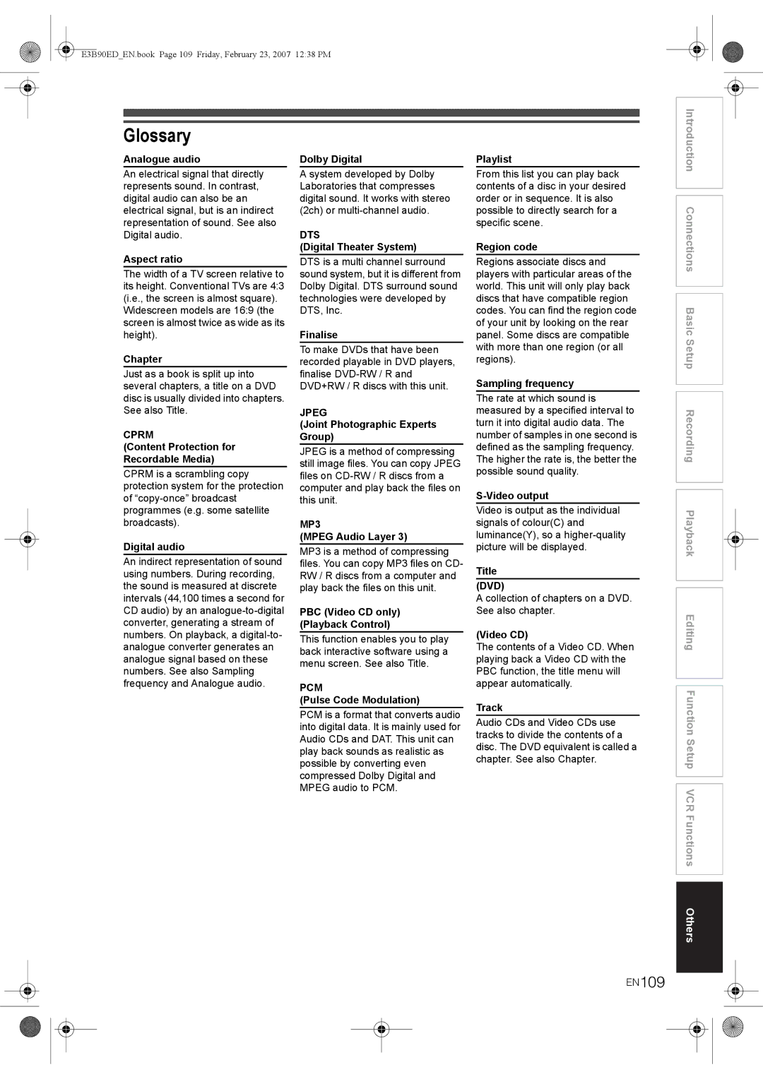 Toshiba RD-XV47KE manual Glossary, EN109 