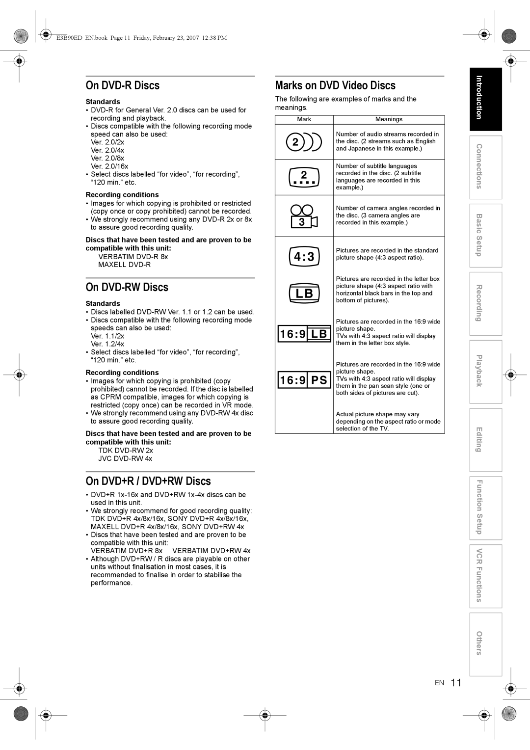 Toshiba RD-XV47KE manual On DVD-R Discs, On DVD-RW Discs, On DVD+R / DVD+RW Discs, Marks on DVD Video Discs 