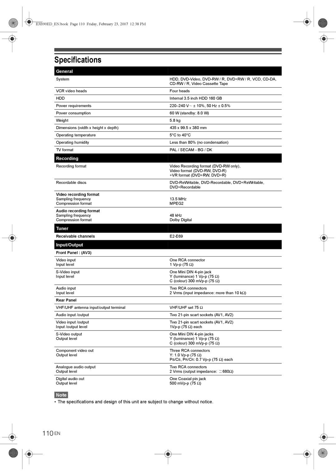 Toshiba RD-XV47KE manual Specifications, 110 EN, General, Tuner, Input/Output 