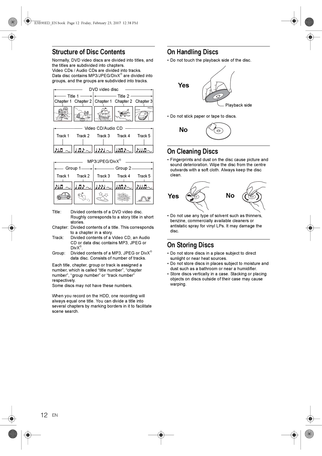 Toshiba RD-XV47KE manual Structure of Disc Contents, On Handling Discs, On Cleaning Discs, On Storing Discs 