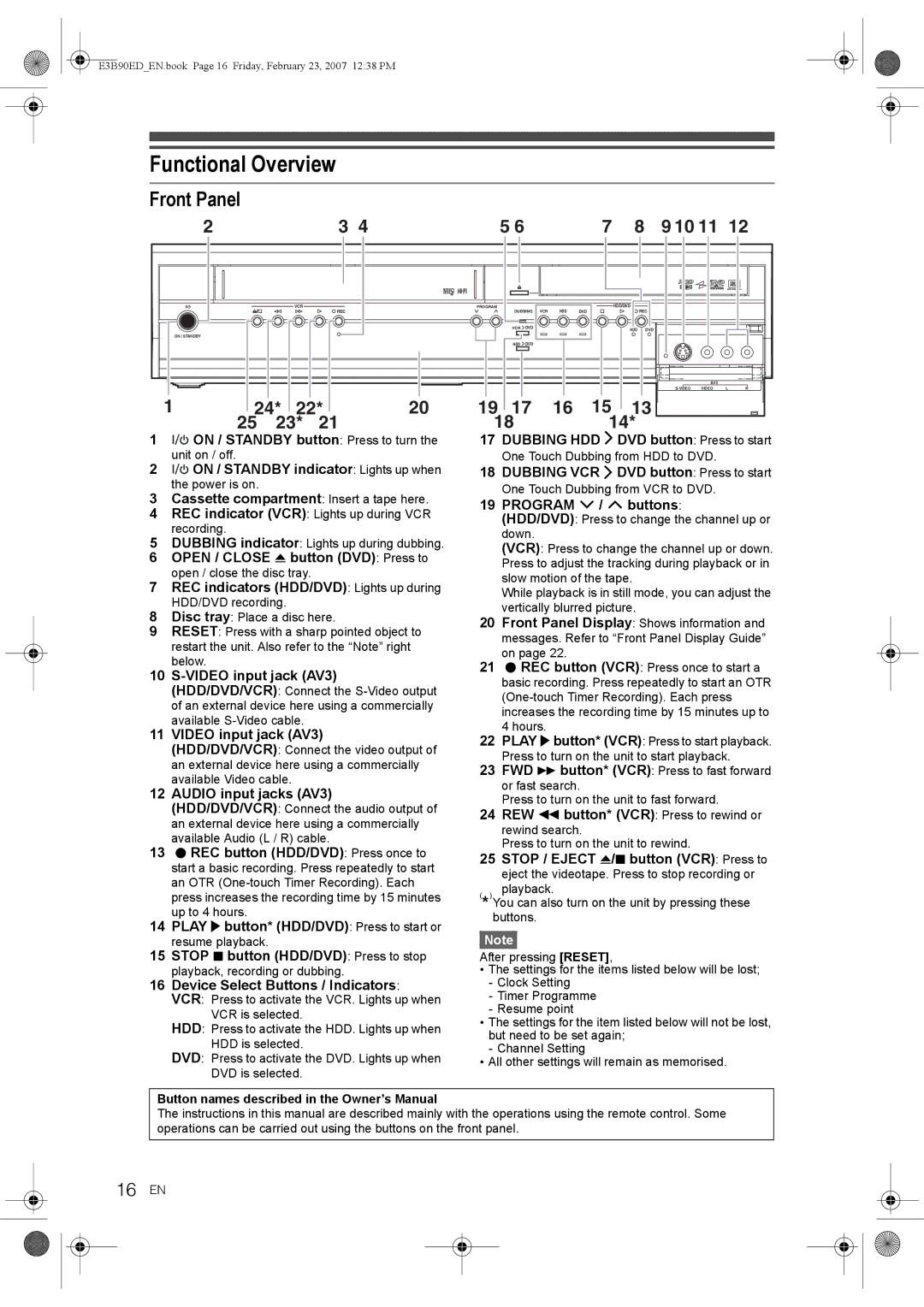 Toshiba RD-XV47KE manual Functional Overview, Front Panel, 16 EN 