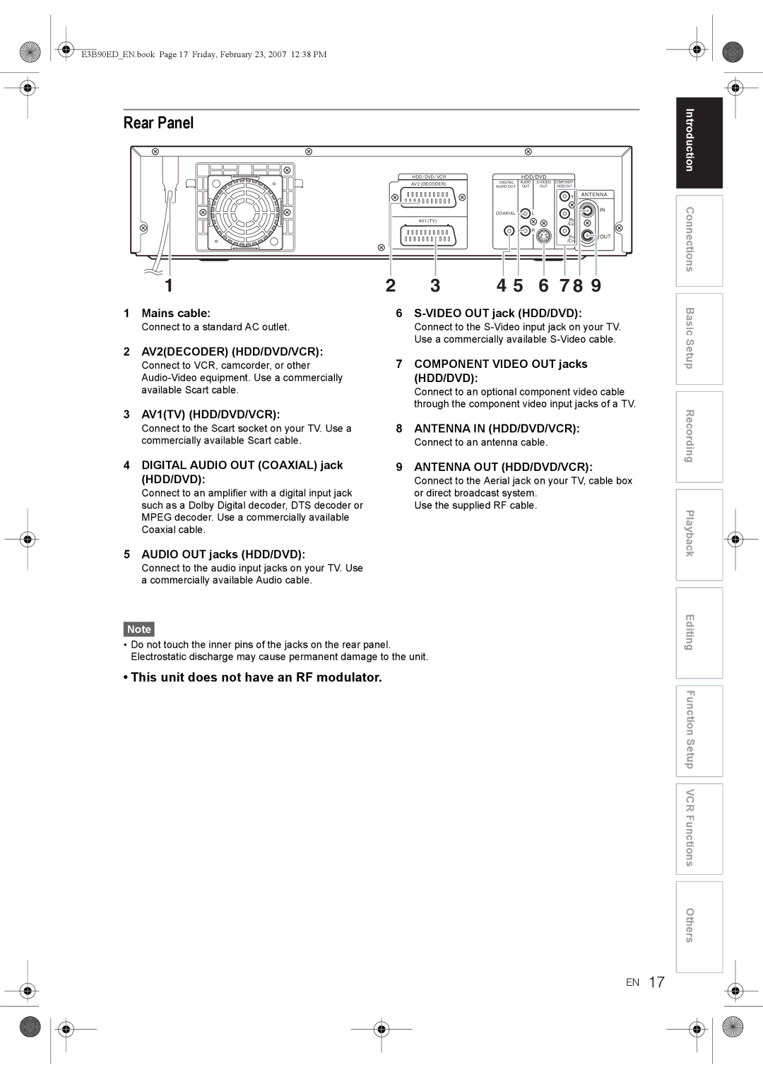 Toshiba RD-XV47KE manual Rear Panel, This unit does not have an RF modulator, Connect to a standard AC outlet 