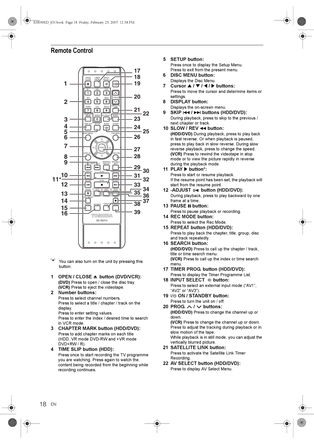 Toshiba RD-XV47KE manual Remote Control, 18 EN 