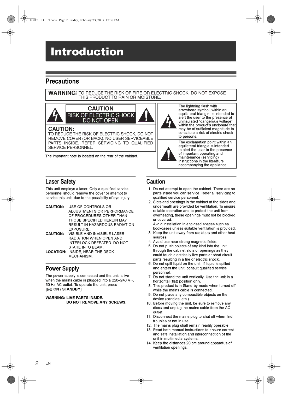 Toshiba RD-XV47KE manual Precautions, Laser Safety, Power Supply, On / Standby 