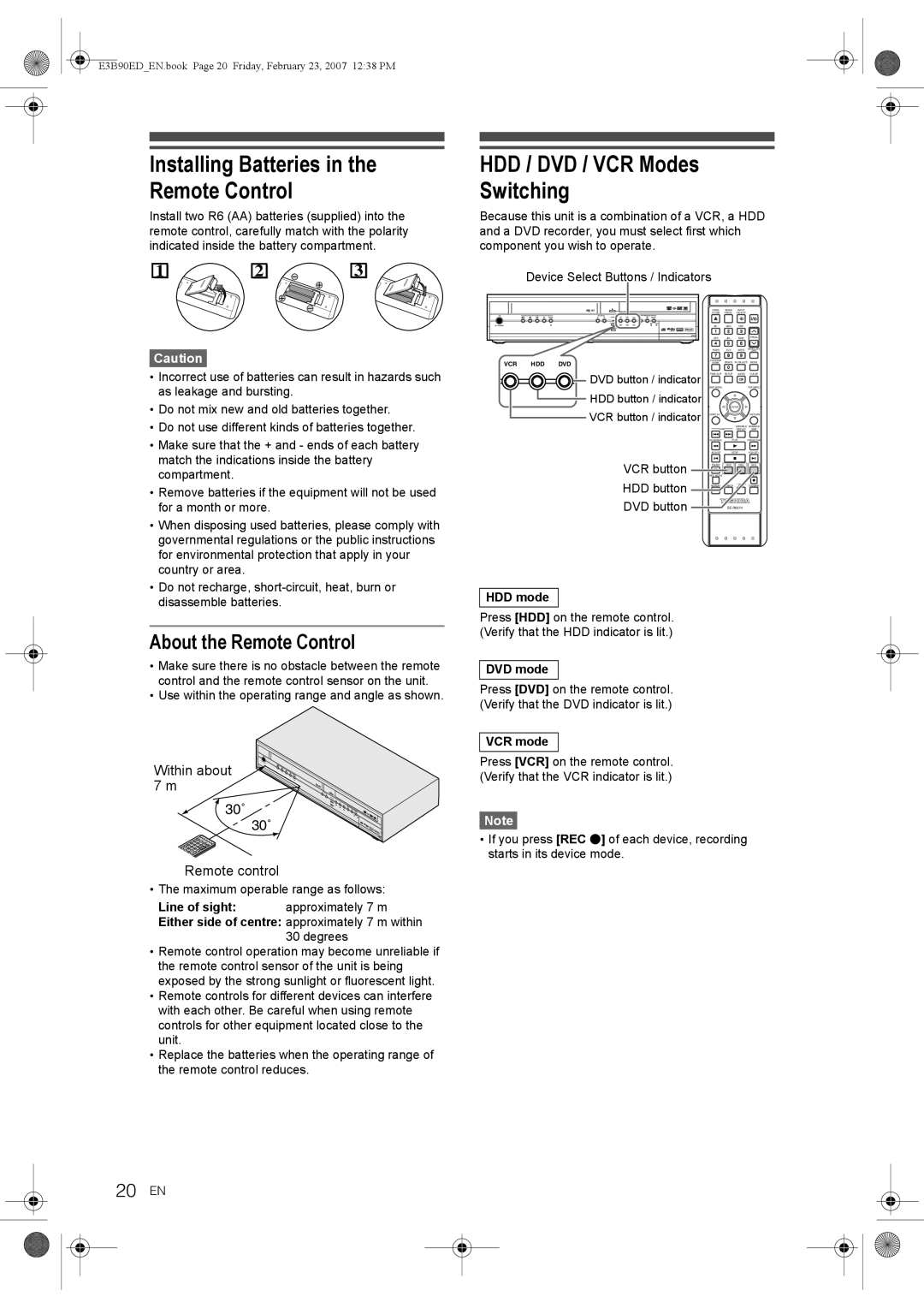 Toshiba RD-XV47KE Installing Batteries in the Remote Control, HDD / DVD / VCR Modes Switching, About the Remote Control 