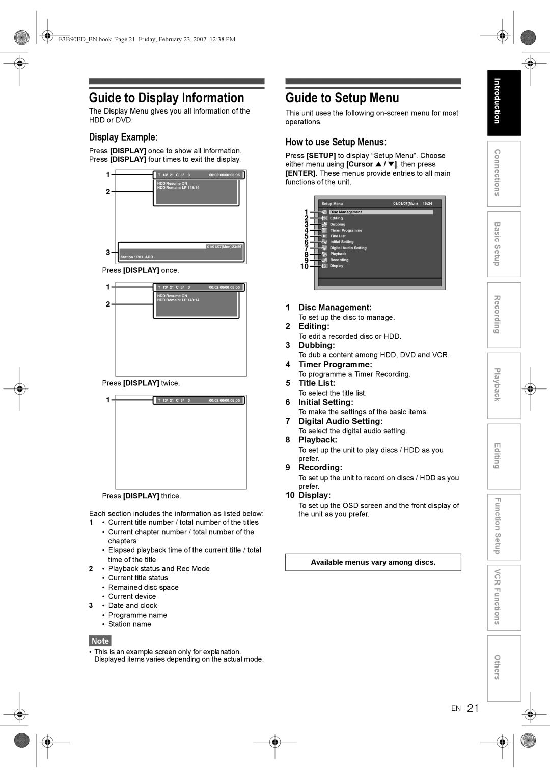 Toshiba RD-XV47KE manual Guide to Display Information, Guide to Setup Menu, Display Example, How to use Setup Menus 