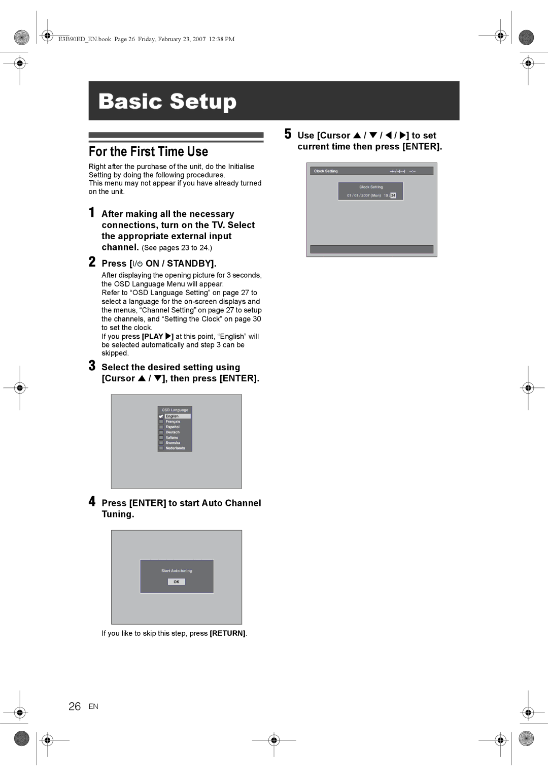 Toshiba RD-XV47KE manual For the First Time Use, 26 EN, Press Enter to start Auto Channel Tuning 