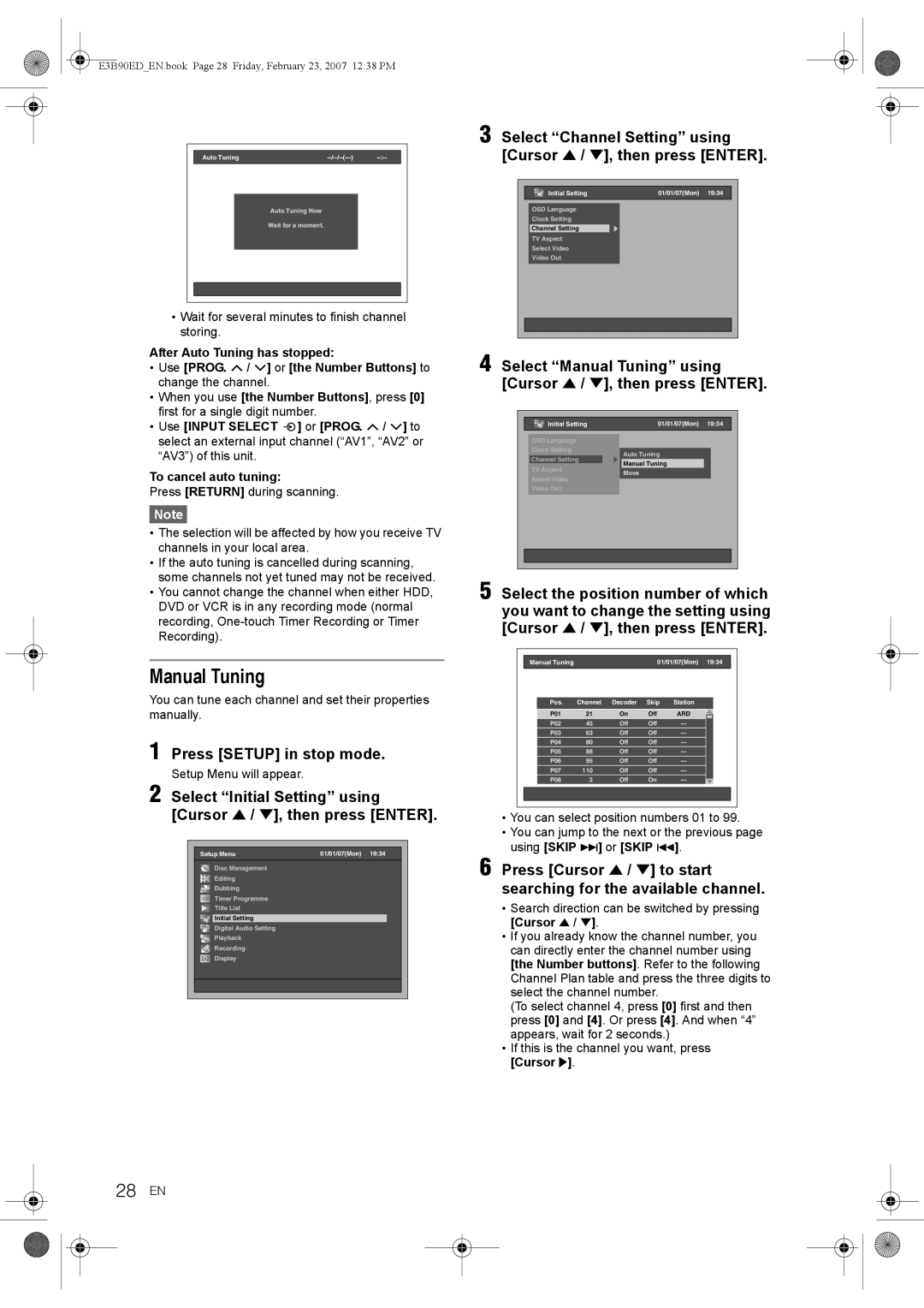 Toshiba RD-XV47KE manual 28 EN, Select Manual Tuning using Cursor U / D, then press Enter, Press Setup in stop mode 