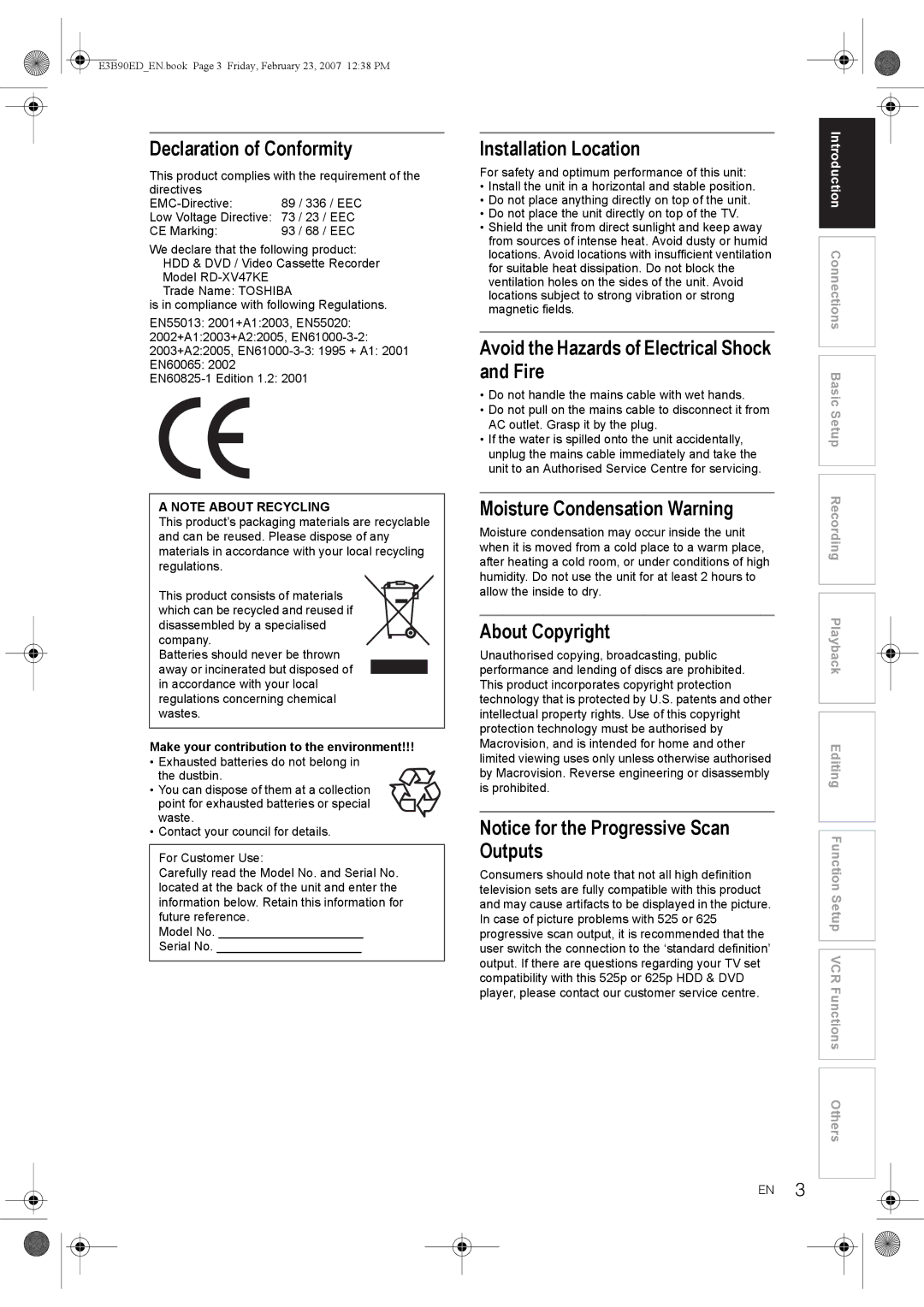 Toshiba RD-XV47KE manual Declaration of Conformity, Installation Location, Avoid the Hazards of Electrical Shock and Fire 