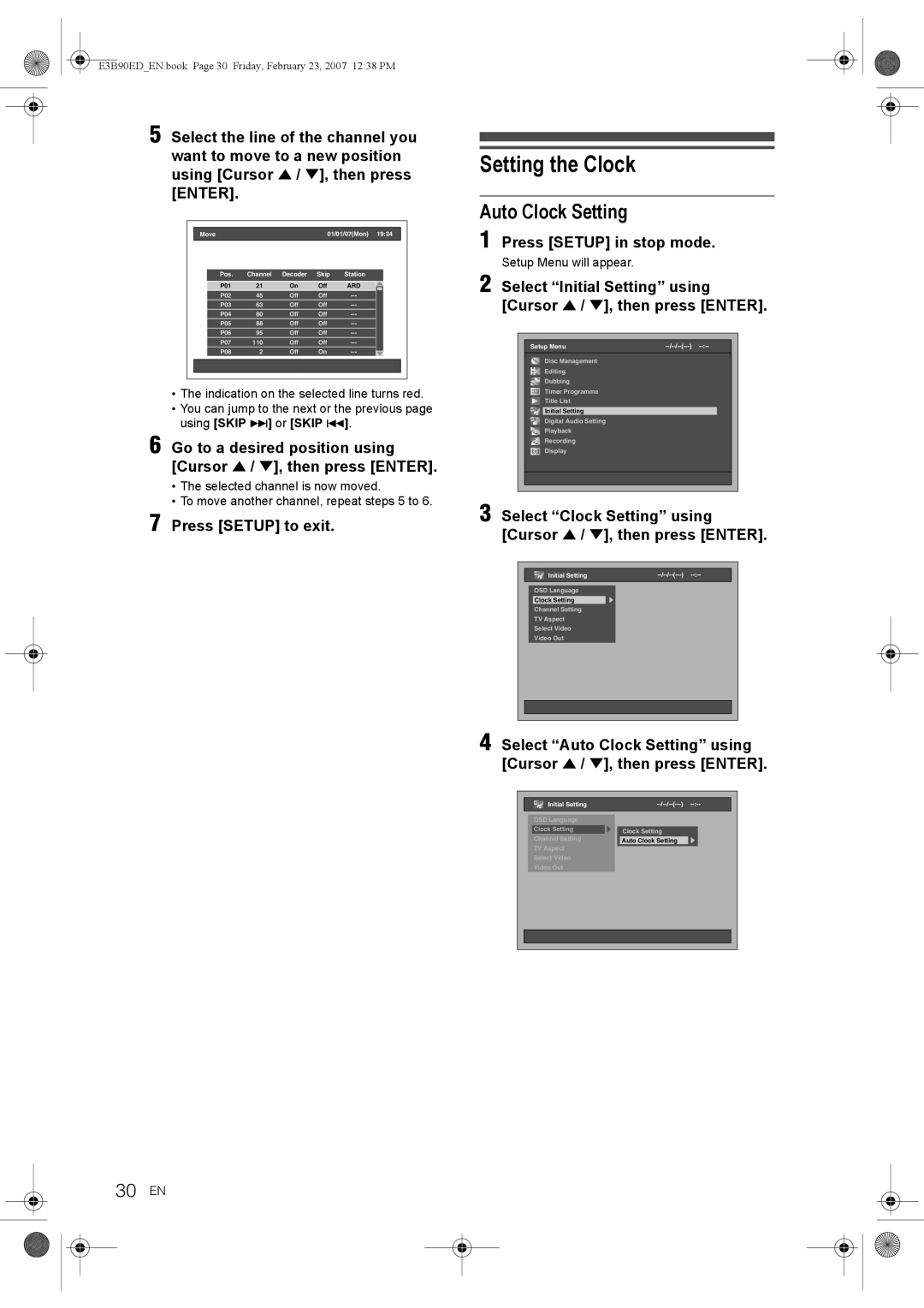 Toshiba RD-XV47KE Setting the Clock, Auto Clock Setting, 30 EN, Select Clock Setting using Cursor U / D, then press Enter 