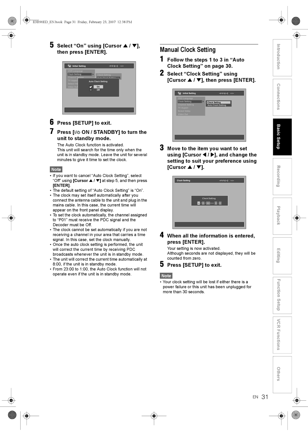 Toshiba RD-XV47KE manual Manual Clock Setting, Select On using Cursor U / D, then press Enter 