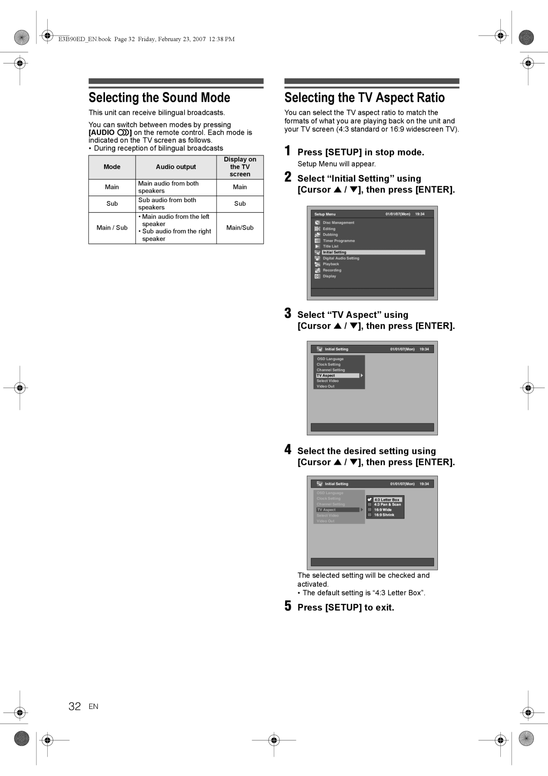 Toshiba RD-XV47KE manual Selecting the Sound Mode, Selecting the TV Aspect Ratio, 32 EN 