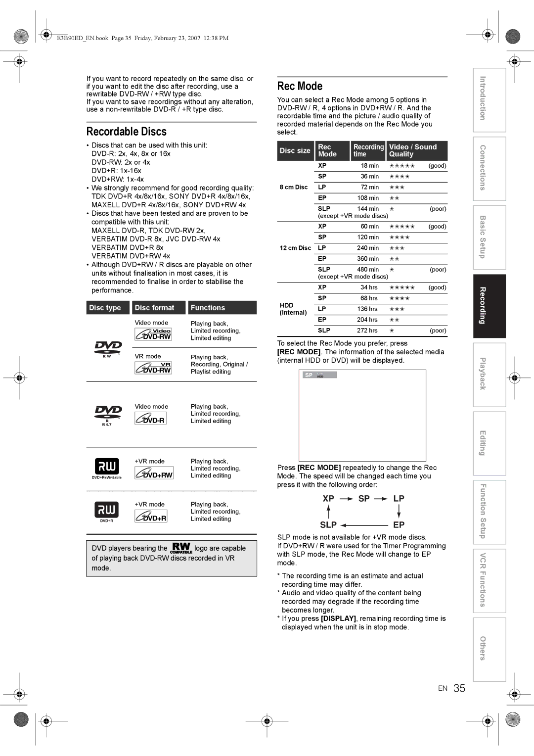 Toshiba RD-XV47KE manual Recordable Discs, Rec Mode 