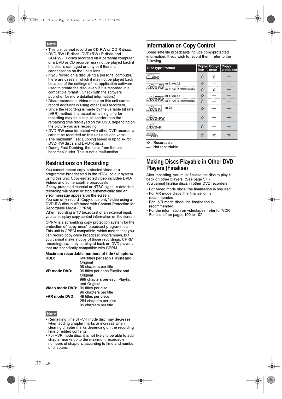 Toshiba RD-XV47KE manual Information on Copy Control, Restrictions on Recording, 36 EN 