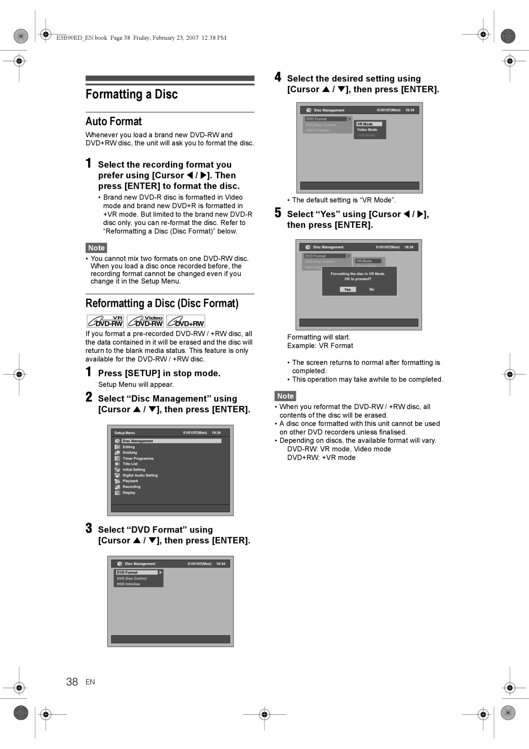 Toshiba RD-XV47KE manual Formatting a Disc, Auto Format, Reformatting a Disc Disc Format, 38 EN 