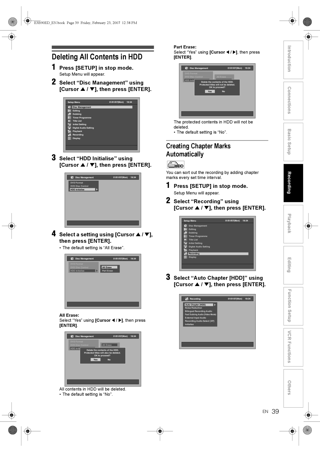 Toshiba RD-XV47KE manual Deleting All Contents in HDD 