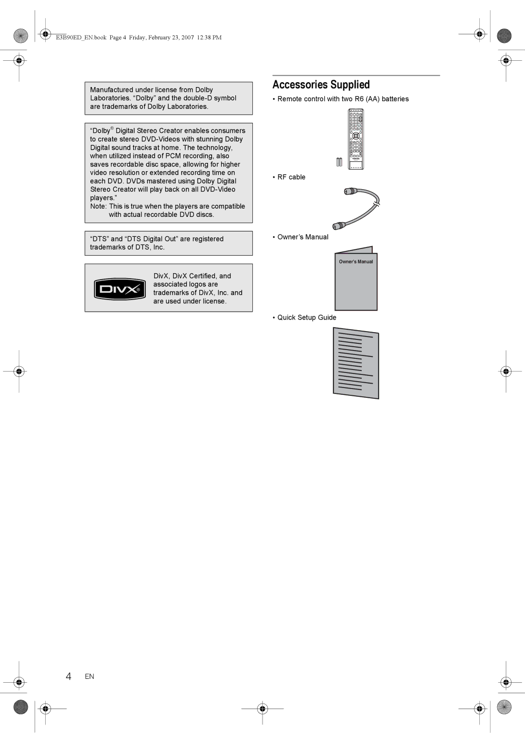 Toshiba RD-XV47KE manual Accessories Supplied 