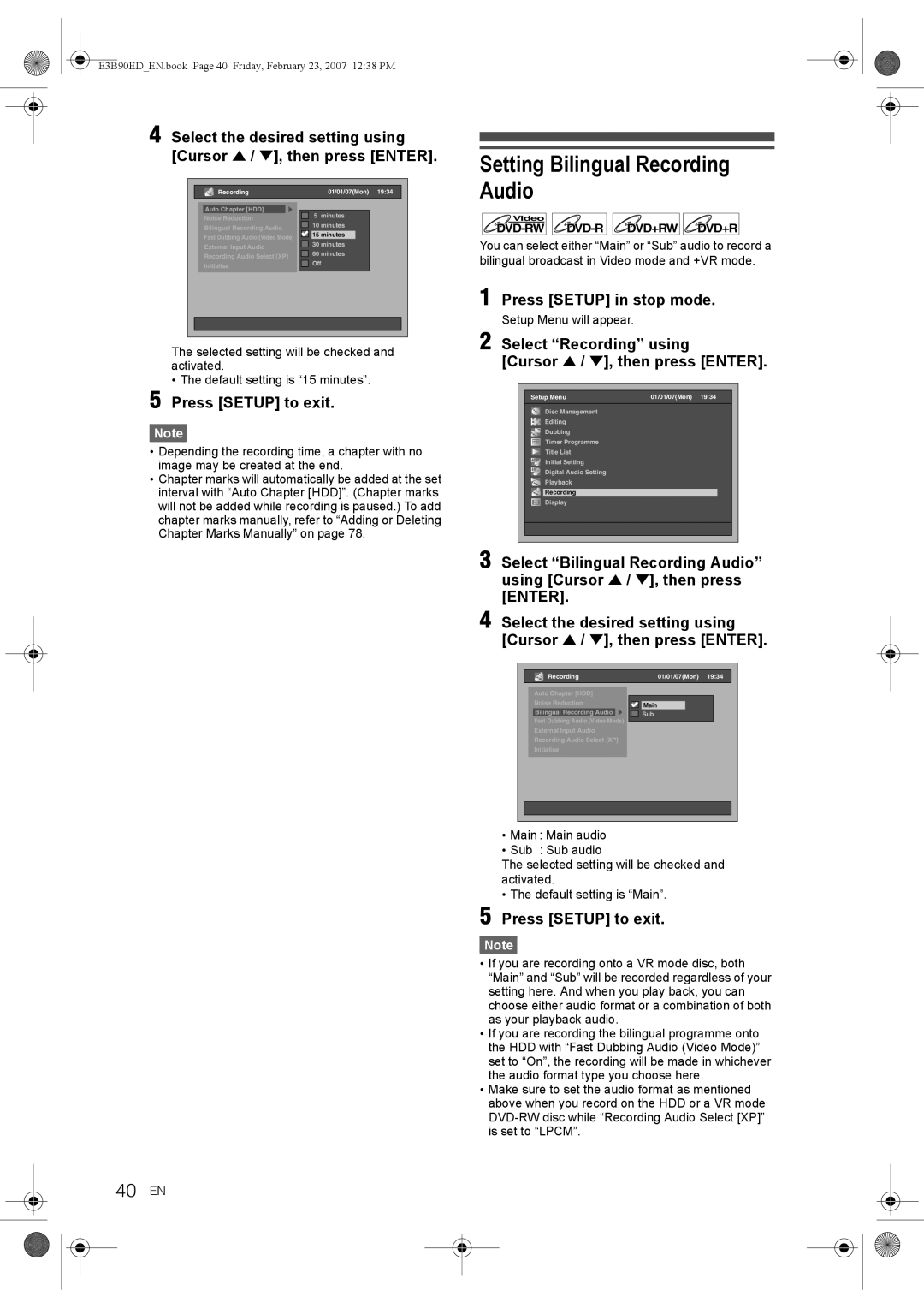 Toshiba RD-XV47KE manual Setting Bilingual Recording Audio, 40 EN, Select Recording using Cursor U / D, then press Enter 