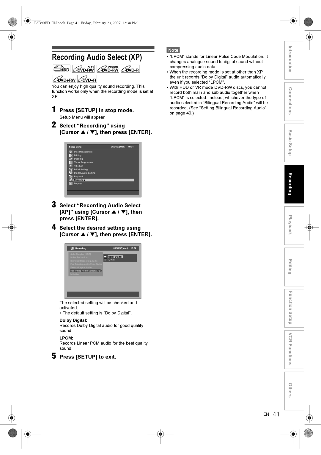 Toshiba RD-XV47KE manual Recording Audio Select XP, Records Dolby Digital audio for good quality sound 