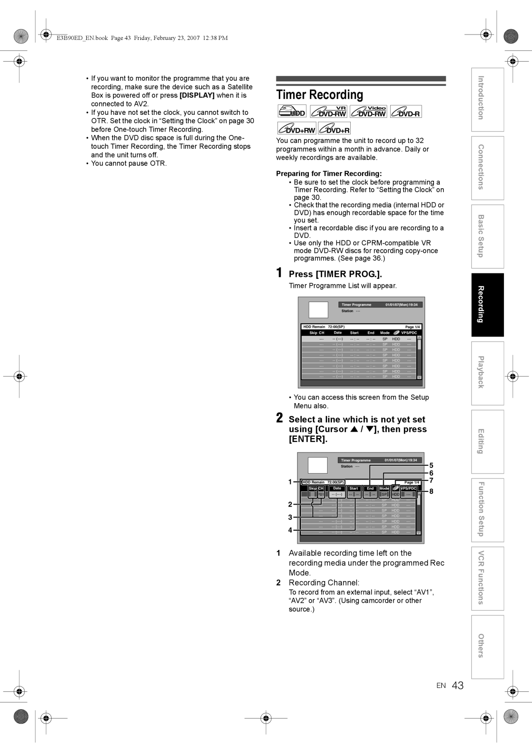 Toshiba RD-XV47KE manual Press Timer Prog, Preparing for Timer Recording, Timer Programme List will appear 