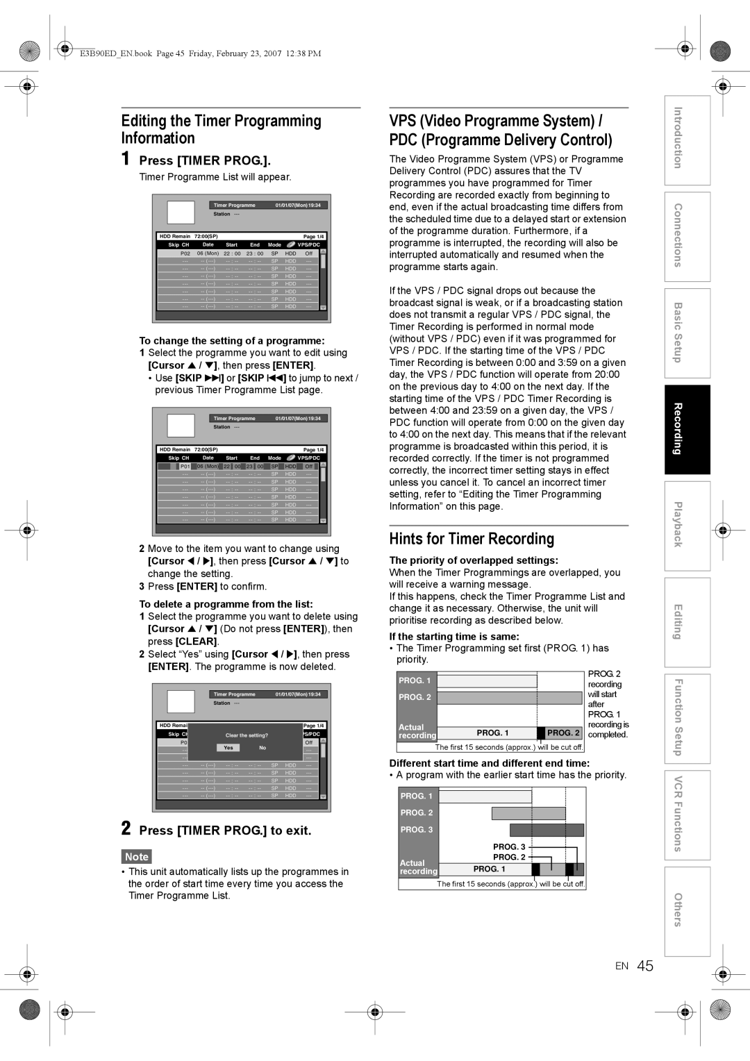 Toshiba RD-XV47KE Editing the Timer Programming Information, VPS Video Programme System / PDC Programme Delivery Control 