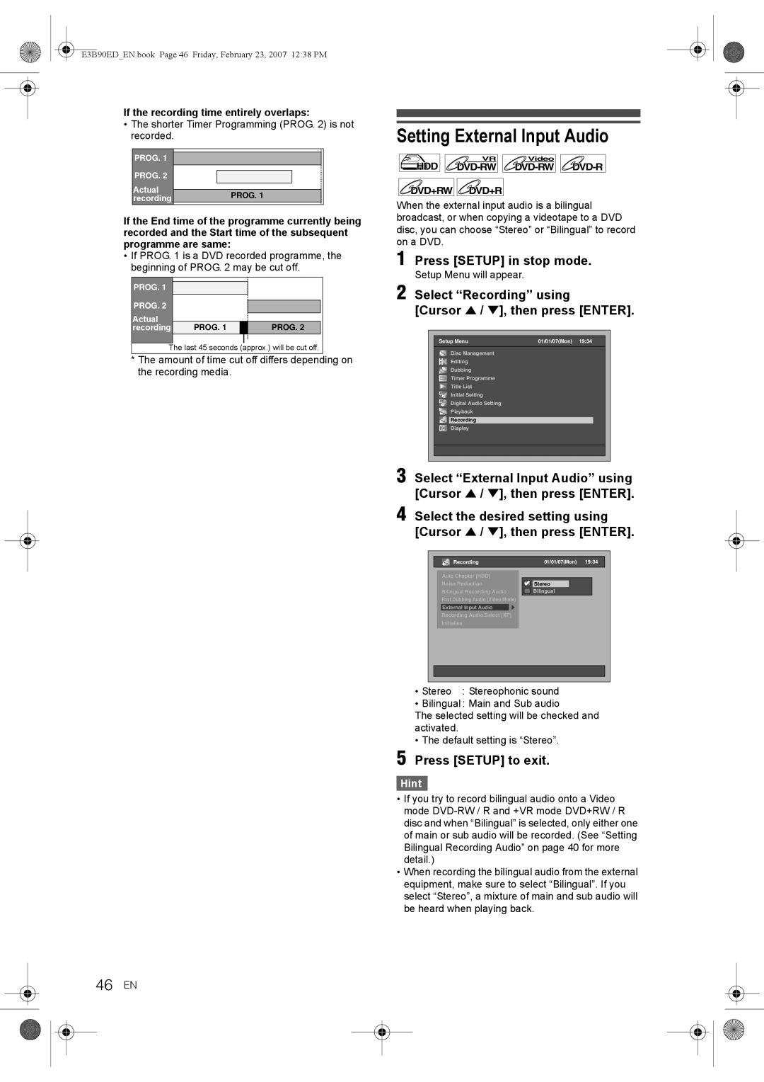 Toshiba RD-XV47KE manual Setting External Input Audio, 46 EN, If the recording time entirely overlaps, Hint 