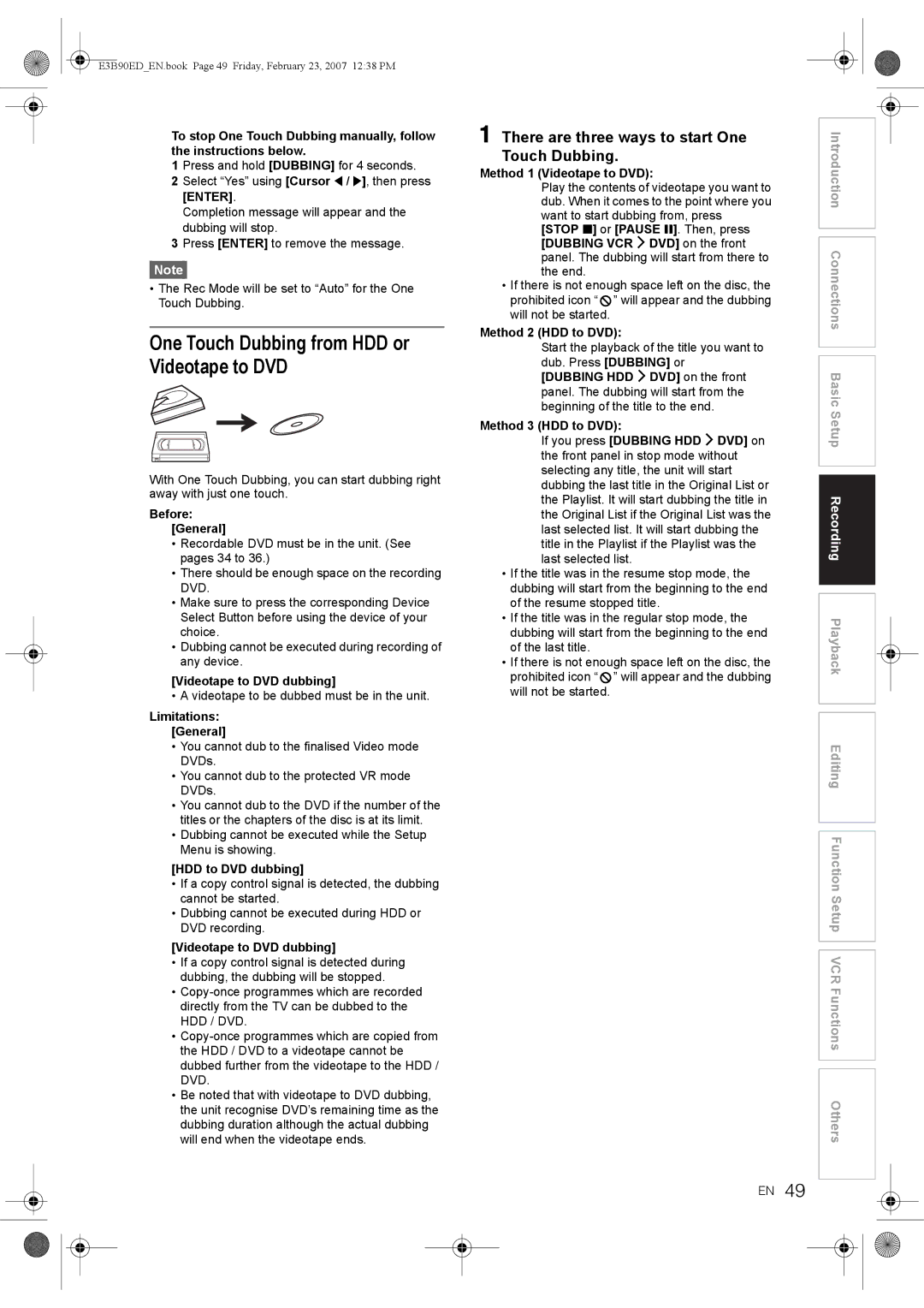 Toshiba RD-XV47KE manual One Touch Dubbing from HDD or Videotape to DVD, There are three ways to start One Touch Dubbing 