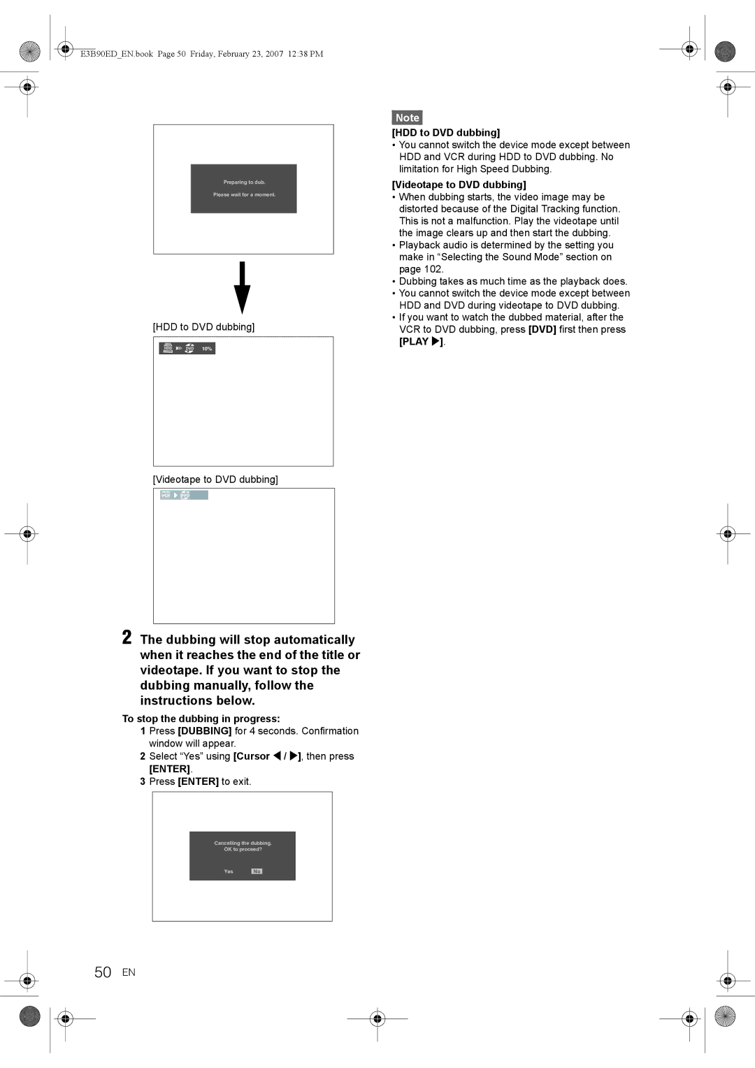 Toshiba RD-XV47KE manual 50 EN, HDD to DVD dubbing, Videotape to DVD dubbing, To stop the dubbing in progress 