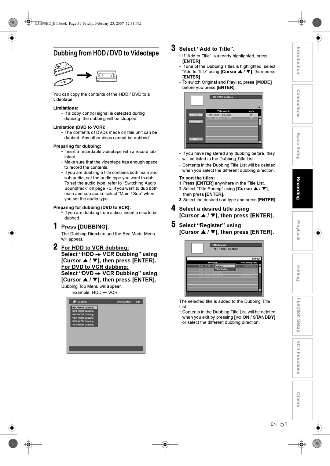 Toshiba RD-XV47KE manual Dubbing from HDD / DVD to Videotape, Press Dubbing, Select Add to Title 