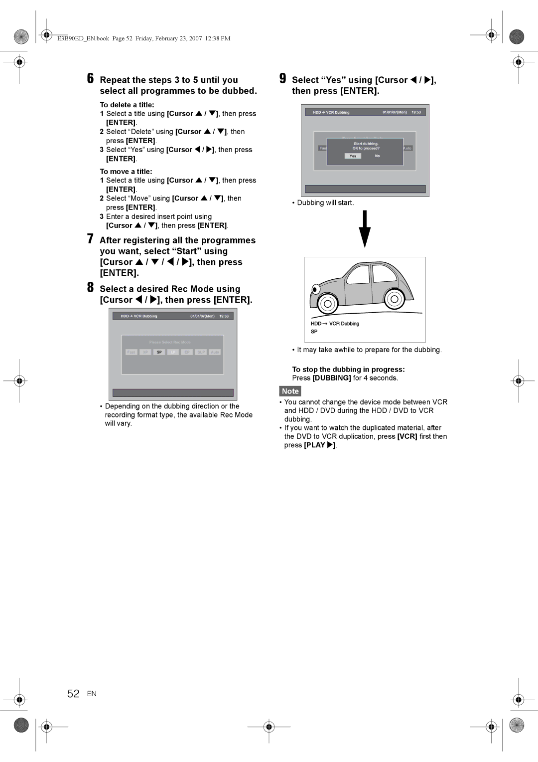 Toshiba RD-XV47KE manual 52 EN, To delete a title, To move a title, Dubbing will start 