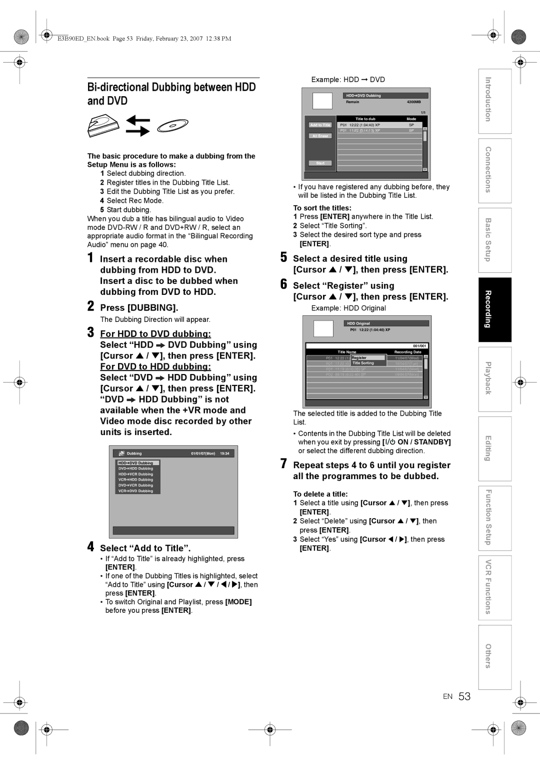 Toshiba RD-XV47KE manual Bi-directional Dubbing between HDD and DVD, Dubbing Direction will appear, Example HDD Original 