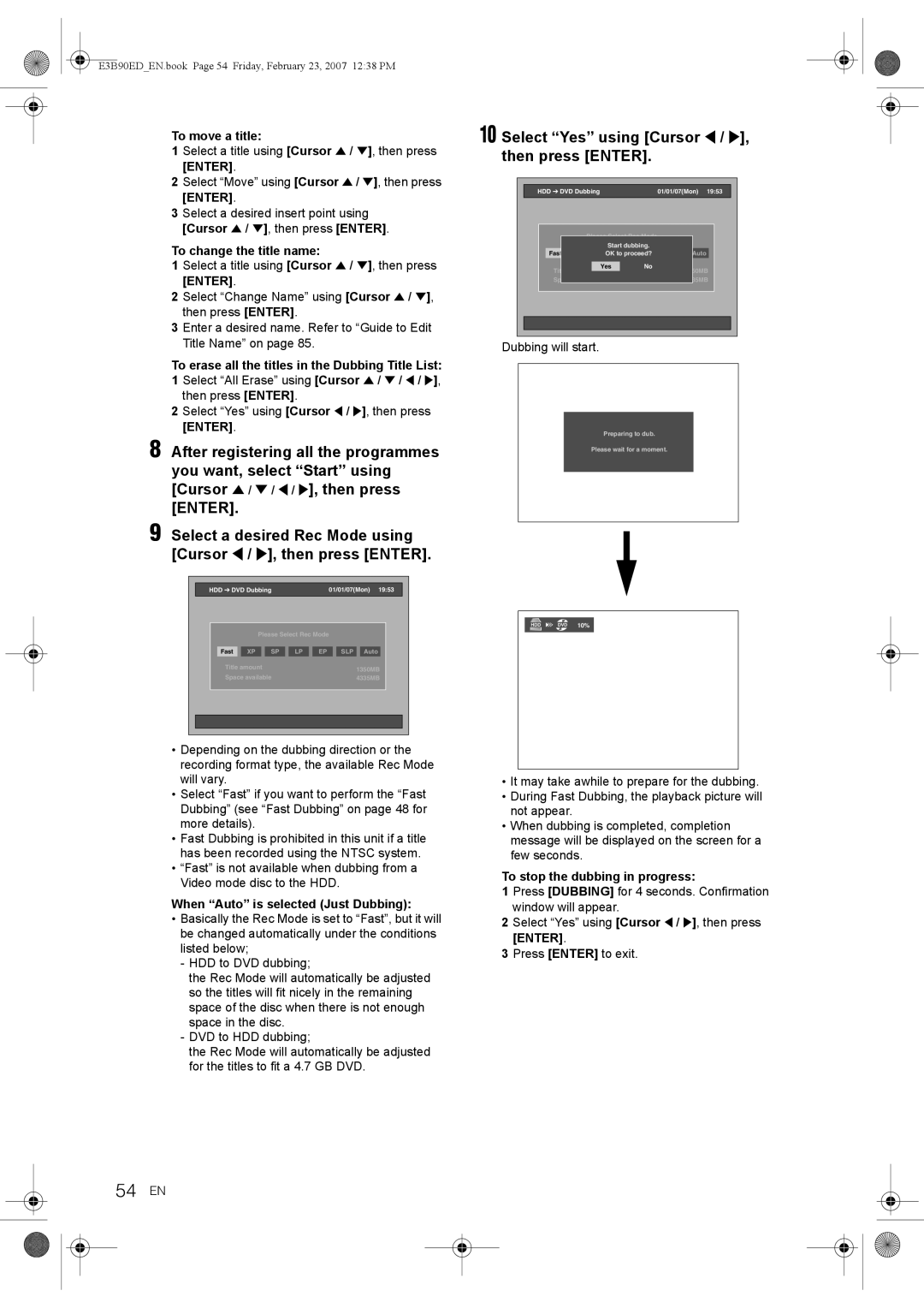 Toshiba RD-XV47KE manual 54 EN, To change the title name, To erase all the titles in the Dubbing Title List 