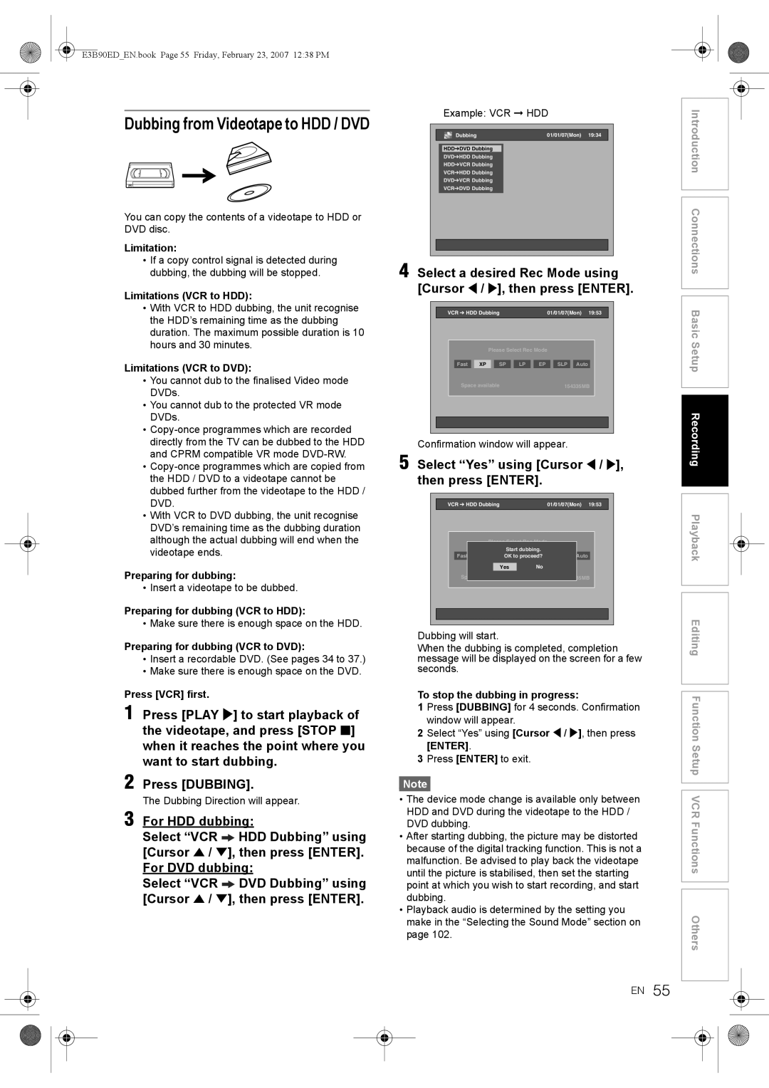 Toshiba RD-XV47KE manual Dubbing from Videotape to HDD / DVD 