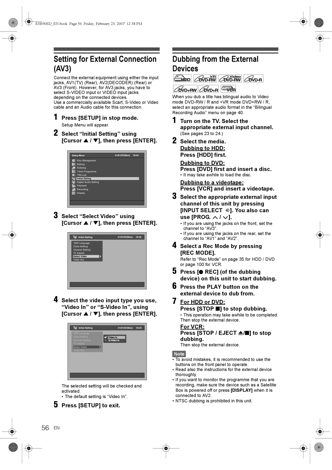 Toshiba RD-XV47KE manual Setting for External Connection AV3, Dubbing from the External Devices, 56 EN 