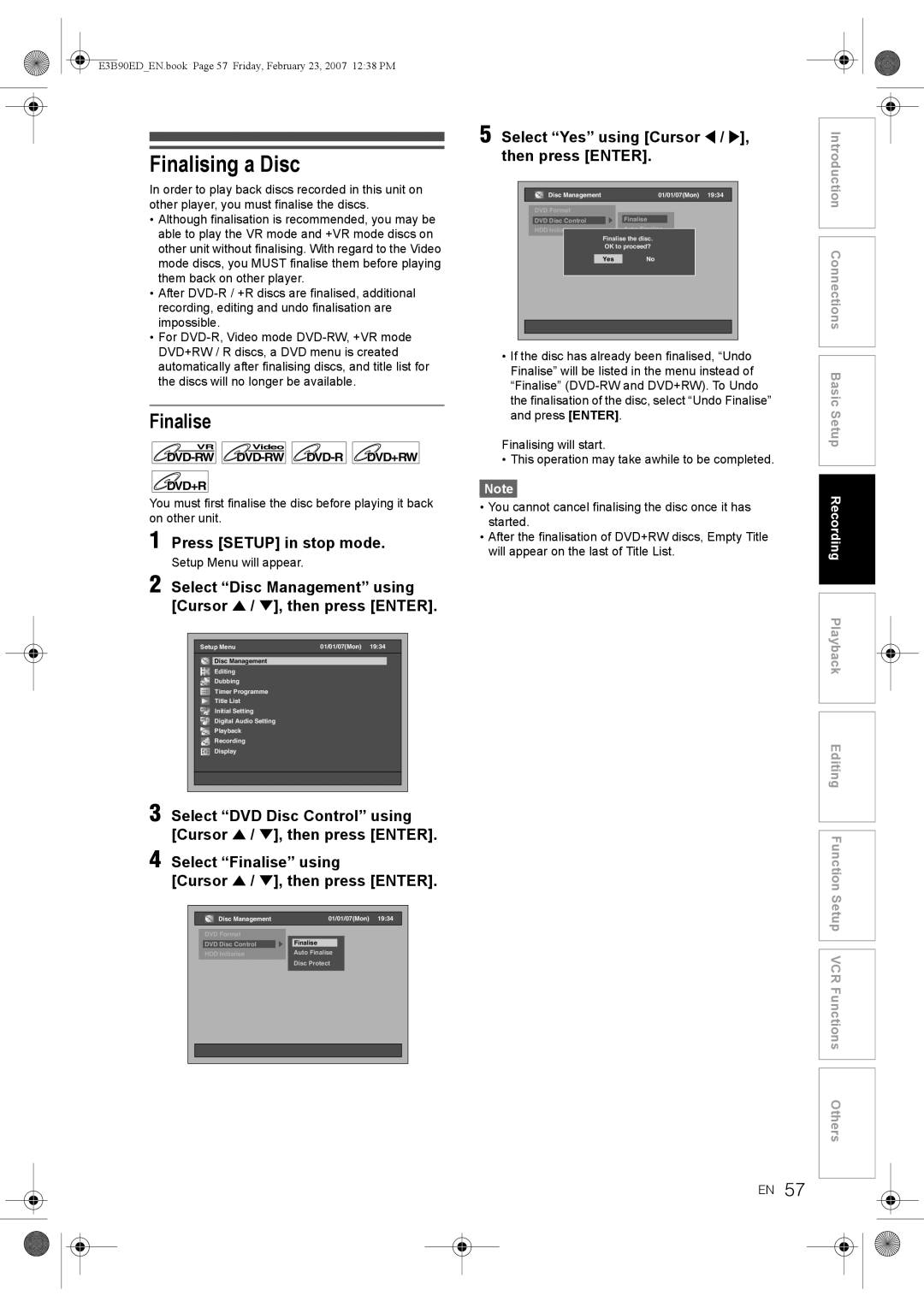 Toshiba RD-XV47KE manual Finalising a Disc, Finalise, Select Yes using Cursor L / P 