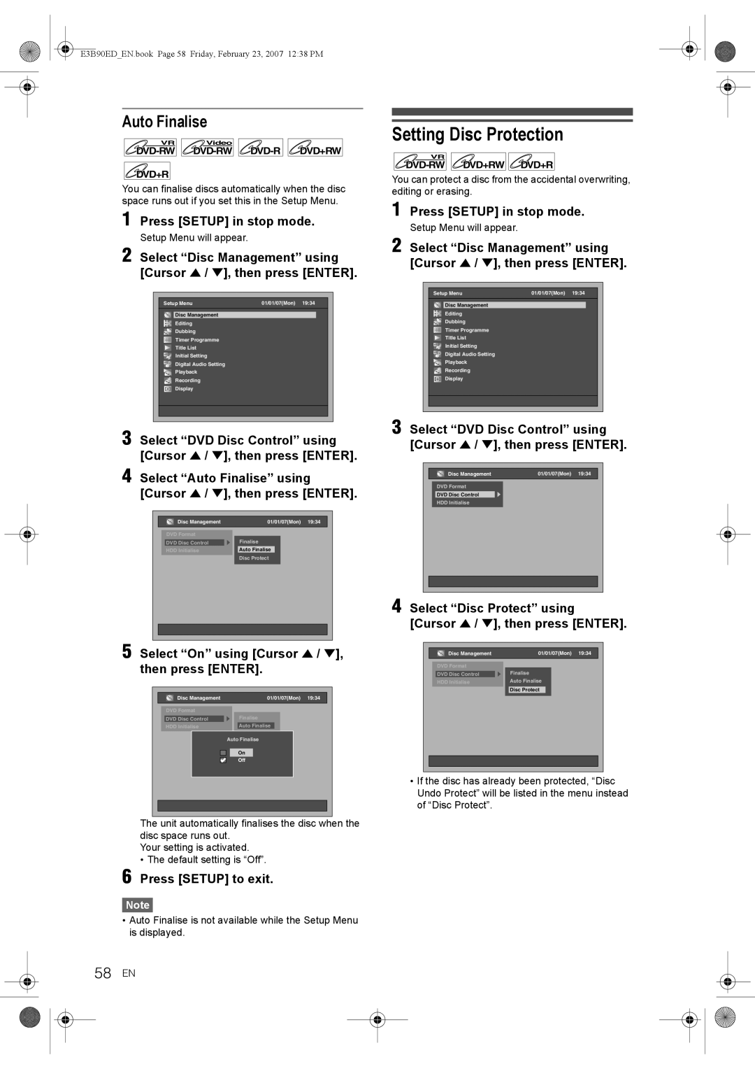 Toshiba RD-XV47KE Setting Disc Protection, Auto Finalise, 58 EN, Select Disc Protect using Cursor U / D, then press Enter 