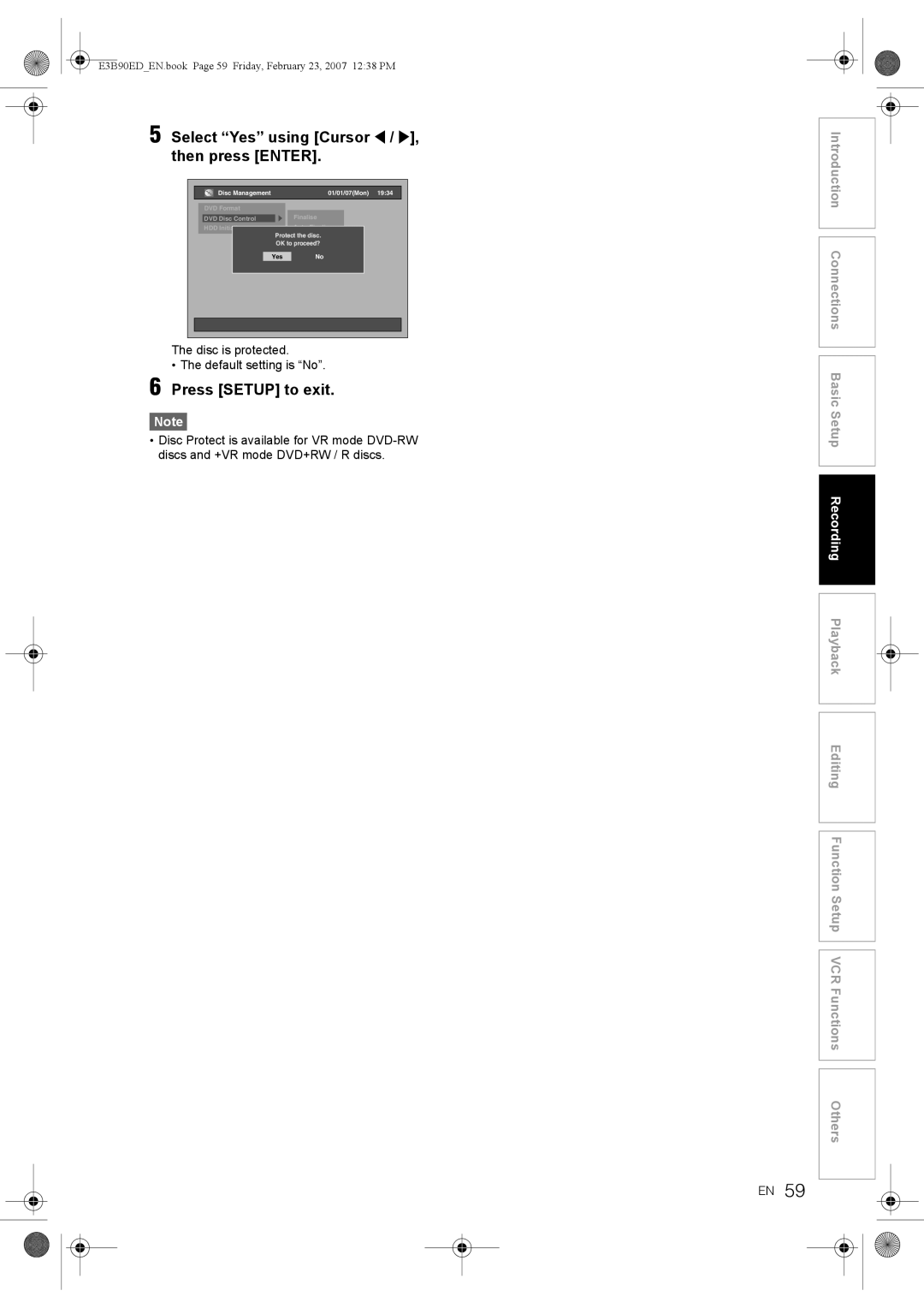 Toshiba RD-XV47KE manual Select Yes using Cursor L / P, then press Enter, Disc is protected Default setting is No 